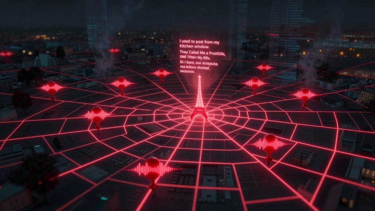 A glowing digital map of Paris with pulsing red pins that whisper voice recordings of lost online lives.