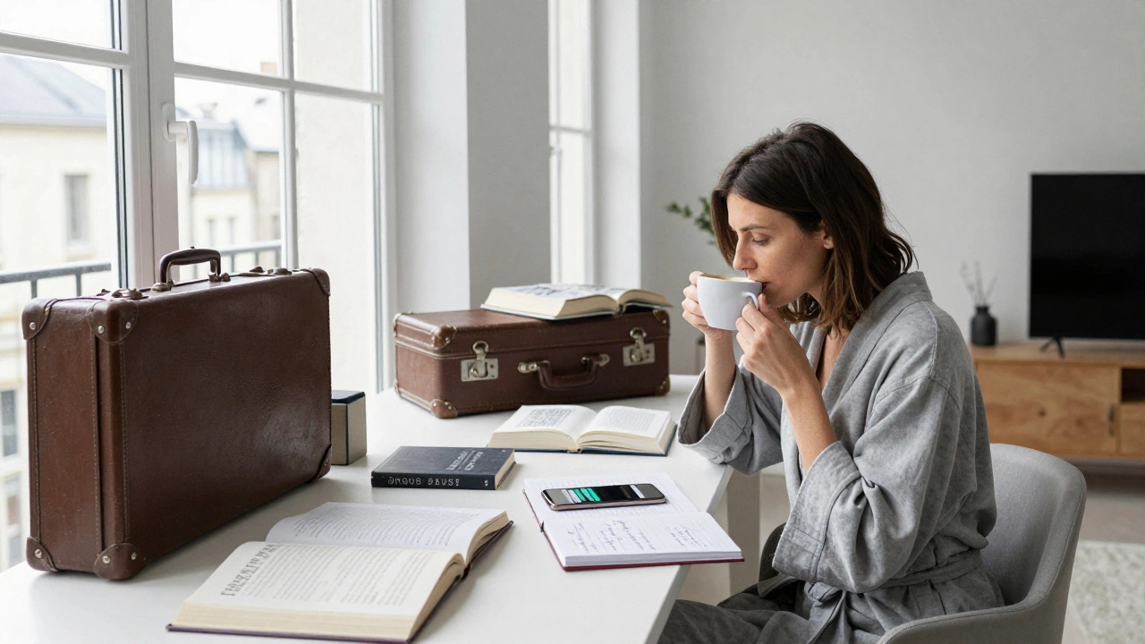 A multilingual woman in her apartment with open books and a phone face-down, morning light streaming in.