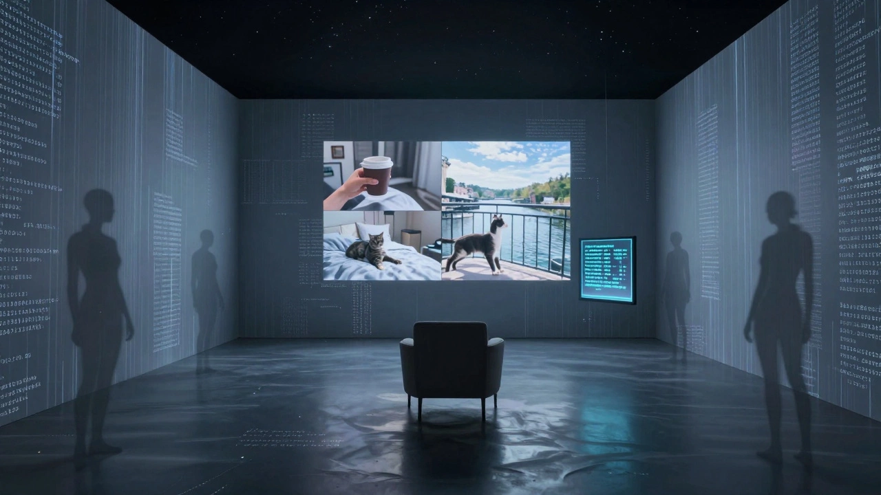 A virtual gallery with ghostly silhouettes of sex workers dissolving into data streams around an empty armchair.