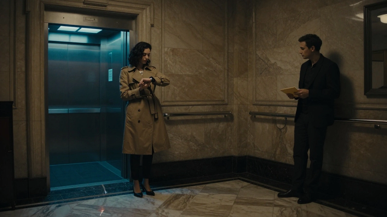 A woman and man meeting in a Paris hotel lobby at night, standing apart, holding an envelope, no touch.